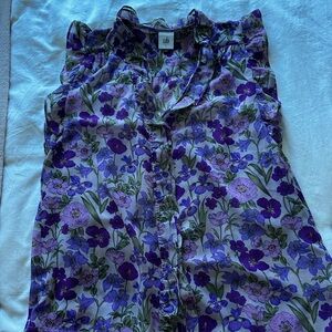 CAbi Purple and Green Floral Ruffle Blouse Size S